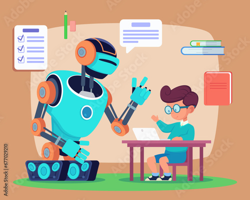 Little school boy in glasses and android robot vector illustration. Books, laptop, stationeries. Robot helping child with studies. Artificial intelligence, assistance, modern technology concept
