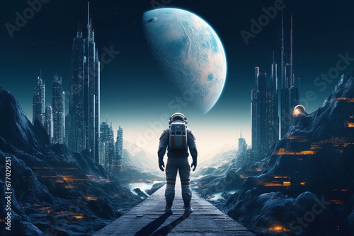 futuristic astronaut standing on the moon with new town, Generative AI photo