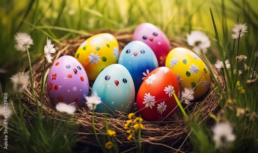 painted eggs on grass background in ester day,  Generative AI