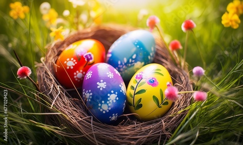 painted eggs on grass background in ester day, Generative AI
