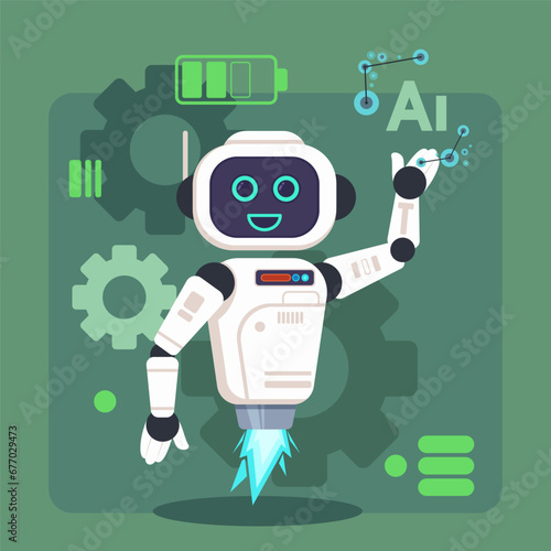 Computerized robot flat vector illustration. Gears, loading bars on background. Artificial intelligence and modern technology concept