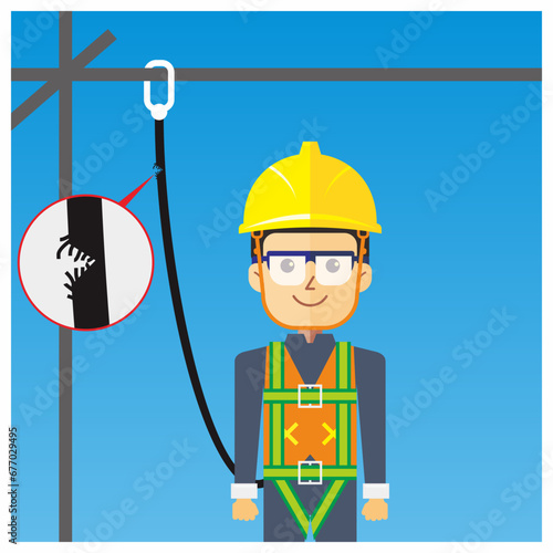 Damaged condition of safety harness webbing illustration. Vector image for industrial, construction safety awareness. Unsafe condition.