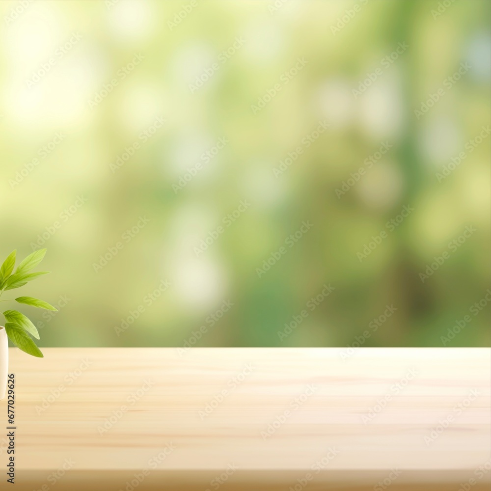 mockup, wooden table with a blurred green nature forest as a background mockup, wooden table with a blurred green nature forest as a background