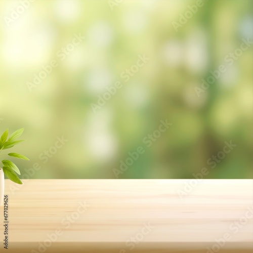 mockup  wooden table with a blurred green nature forest as a background