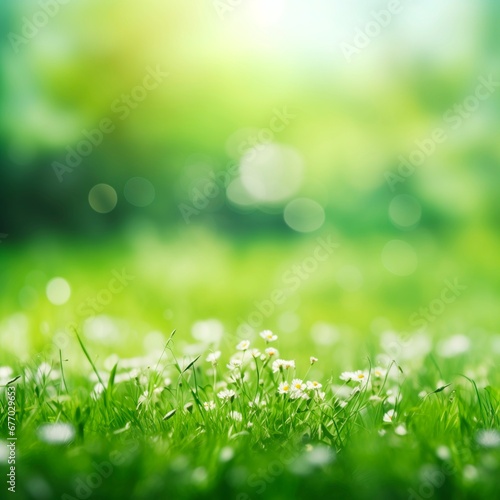 meadow with lights bokeh and a blurred green nature background in spring and summer concepts