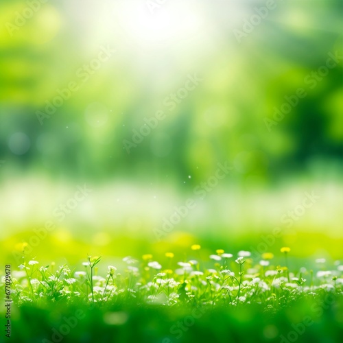 meadow with lights bokeh and a blurred green nature background in spring and summer concepts