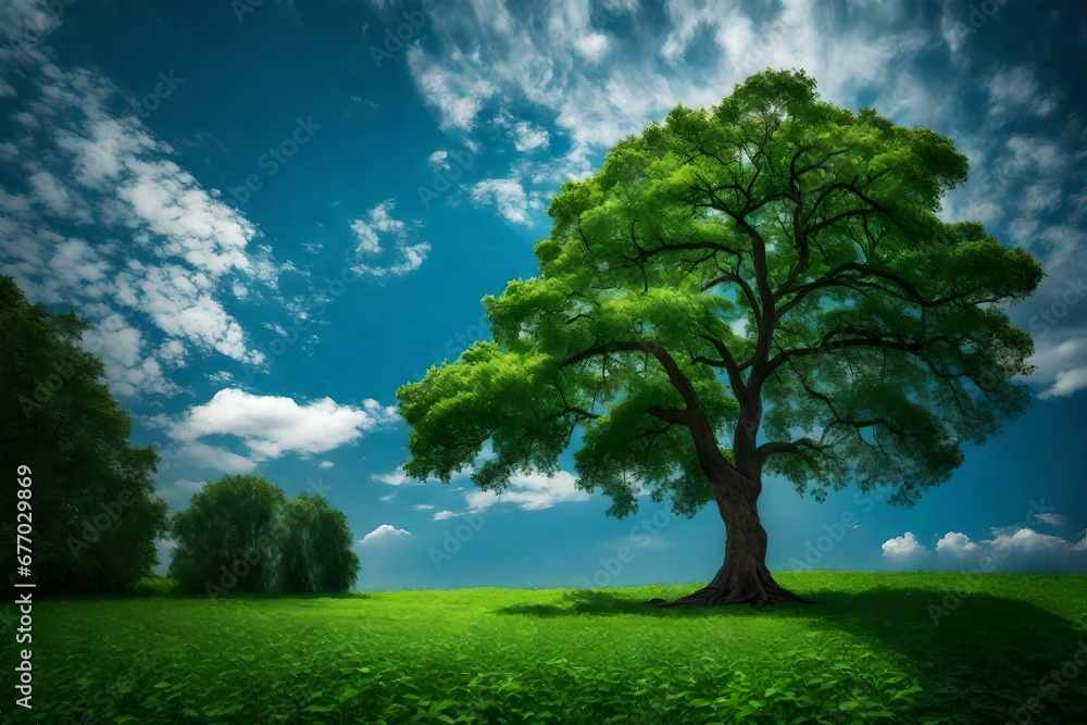 blue sky and a tree with green leaves blue sky and a tree with green leaves