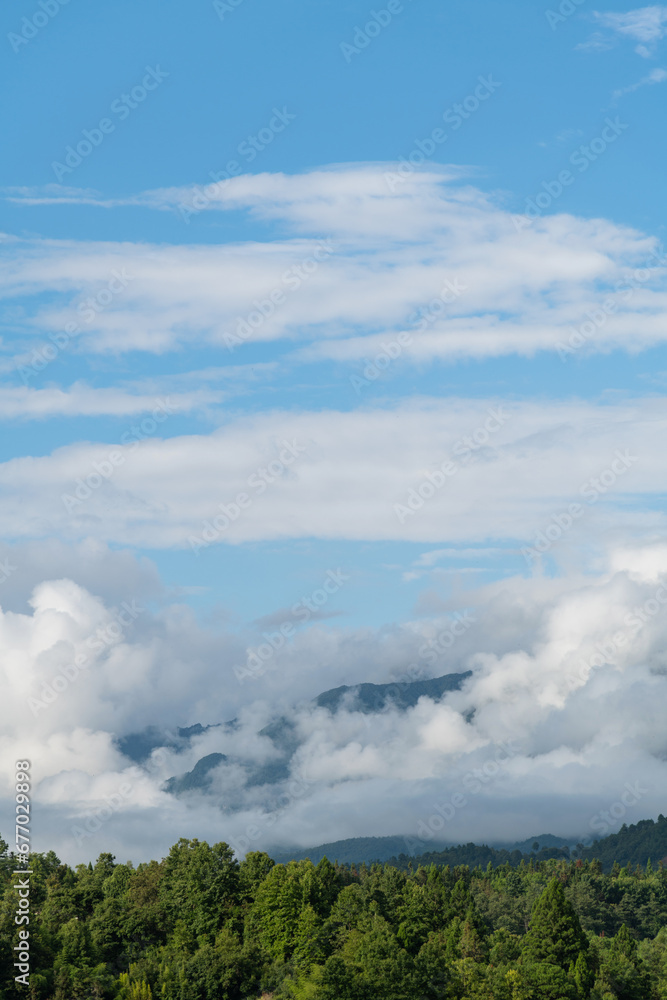 Landscape of mountain covered fog