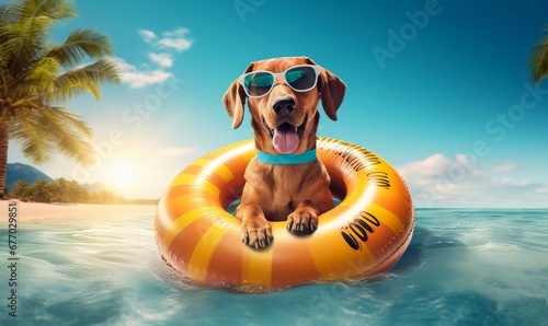 dog wearing sun glasses in swim ring on beach with coconut tree and sea, summer trip concept, Generative AI © Planetary Artist