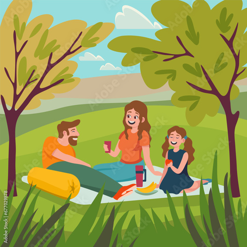 Family having picnic outdoors. Vector illustration. Cartoon characters of man, woman and girl spending time together. Family, nature concept