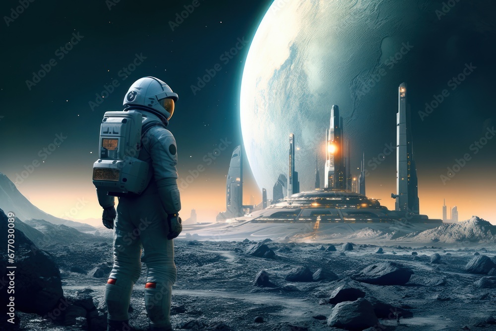 futuristic astronaut standing on the moon with new town, Generative AI ...