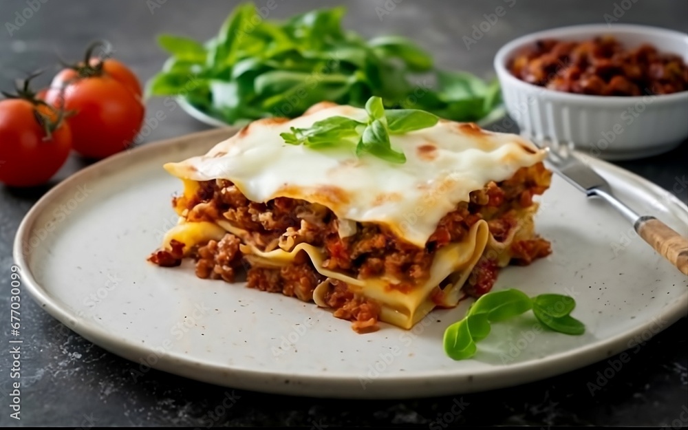 A picture of Italian lasagna with Bolognese sauce and minced beef meat A picture of Italian lasagna with Bolognese sauce and minced beef meat