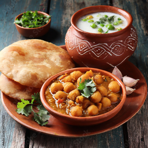 Chole Bhature or Chick pea curry and Fried Puri served in terracotta crockery over white background photo