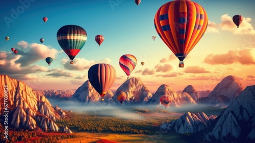 colorful hot air balloons fly in sky beautiful mountain landscape  Generative AI