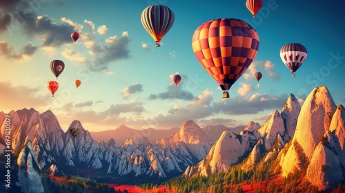 colorful hot air balloons fly in sky beautiful mountain landscape, Generative AI © Planetary Artist