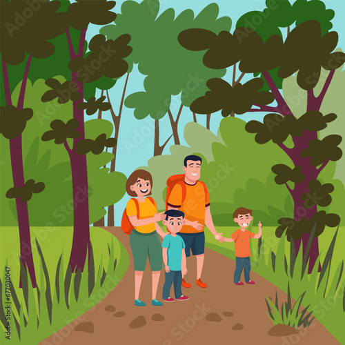 Fototapeta Naklejka Na Ścianę i Meble -  Colourful cartoon illustration of family spending time together. Couple with two children walking in forest. Family, nature concept