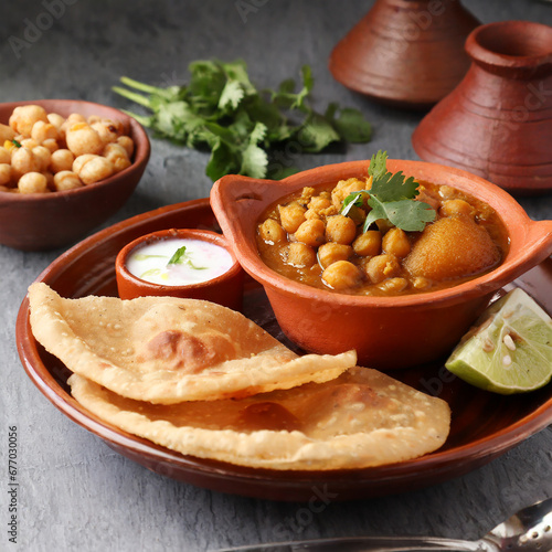 Chole Bhature or Chick pea curry and Fried Puri served in terracotta crockery over white background photo