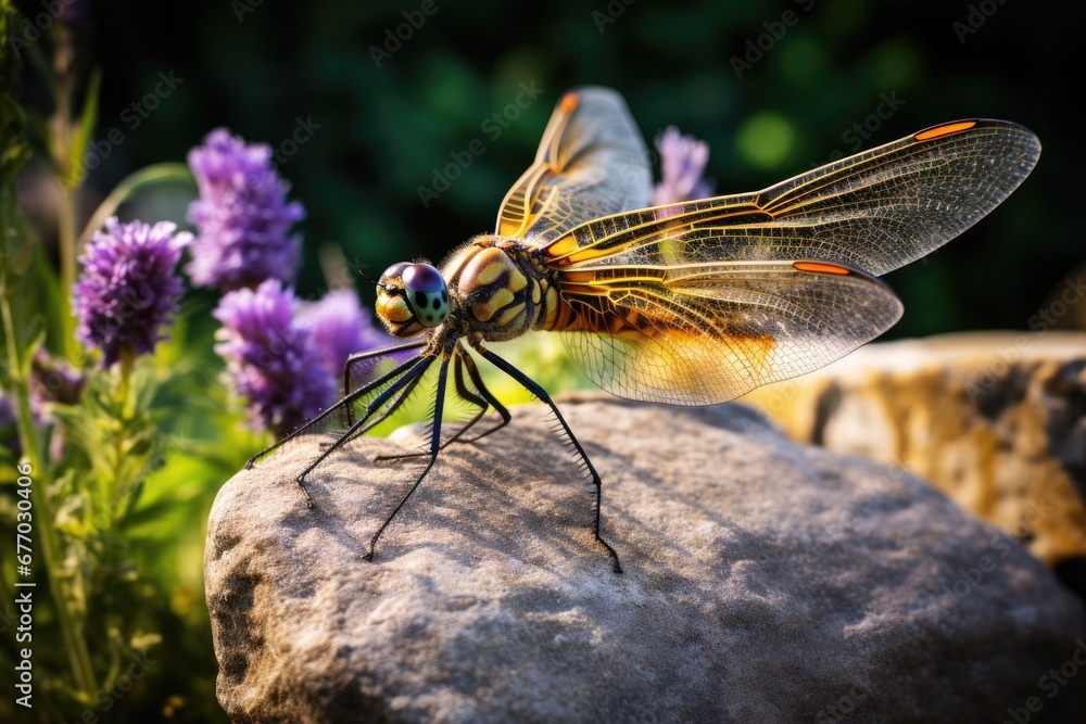 A dragonfly on top of a rock next to purple flowers. Generative AI. A dragonfly on top of a rock next to purple flowers. Generative AI.