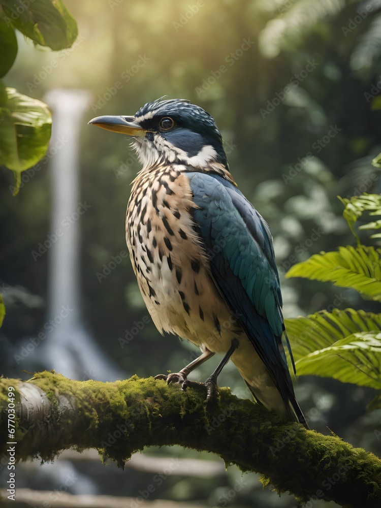AI generated illustration of a small bird perched atop a tree branch in a lush forest setting AI generated illustration of a small bird perched atop a tree branch in a lush forest setting