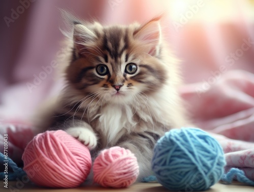 A kitten sitting on top of a bed next to balls of yarn. Generative AI. © serg3d