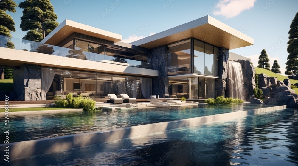 A sleek and modern mansion with expansive glass walls, a minimalist landscape, and a cascading water feature for a luxurious and contemporary look.