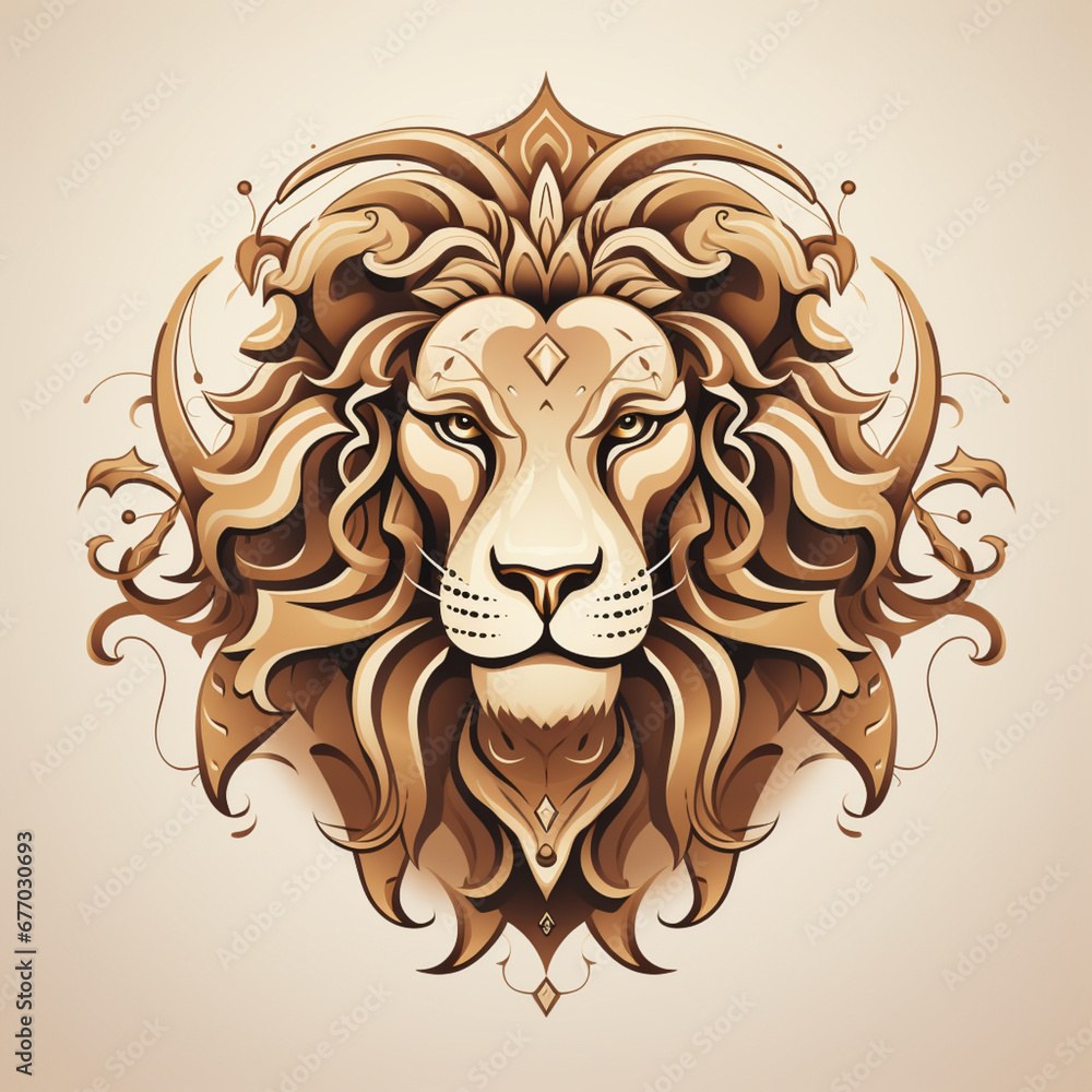 an abstract lion head in gold and brown
