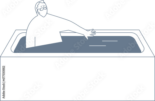 An elderly man relaxing in a bathtub.
