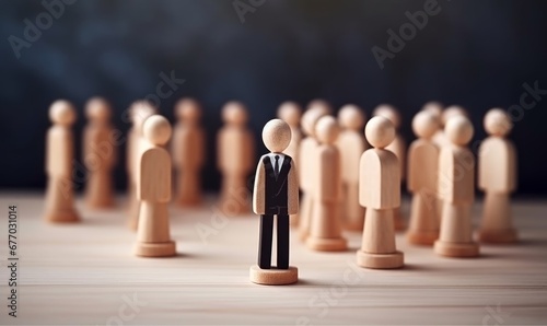 figurine man leader stand with people wooden team, leader lead and way to successful teamwork concept, Generative AI