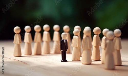 figurine man leader stand with people wooden team, leader lead and way to successful teamwork concept, Generative AI