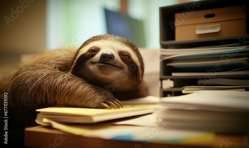 very tired sloth sleeps on lots of files in the office, Generative AI