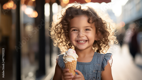 a beautiful cute young american baby kid child girl model woman holding and eating a gelato ice cream in a cone outside in a city on a sunny summer day. blurred background. Generative AI photo