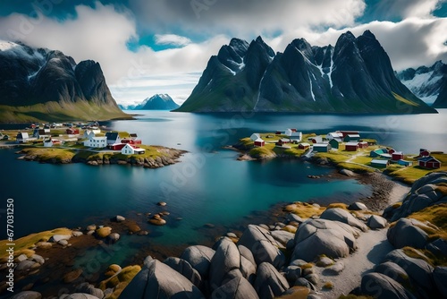 Lofoten is an archipelago and a historical region in the Norwegian county of Nordland. Lofoten is renowned for its unusual landscape, which includes towering mountains and peaks, wide open seas photo