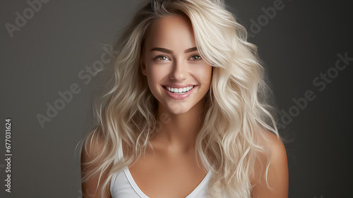 a closeup photo portrait of a pretty blonde woman smiling with perfect clean teeth. used for a dental ad. beautiful lady. staying oustide on a city nature background. Generative AI