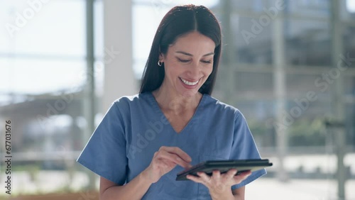 Nurse, woman or smile with tablet in hospital for healthcare, telehealth analysis or online innovation. Happy surgeon, medical doctor or digital tech for planning data, clinic research or information photo