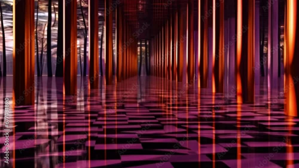 Neon Corridor: Illuminated Pillars in a Futuristic Hallway Reflection Neon Corridor: Illuminated Pillars in a Futuristic Hallway Reflection