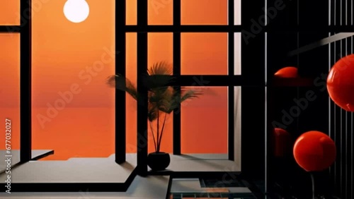 Dark Japanese Home with Orange Sunset and Expansive Ocean View