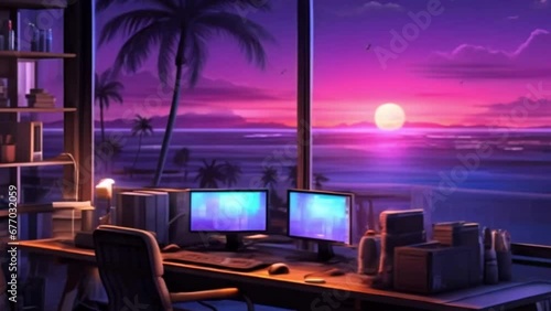 Miami Vice Sunset: Office with Desktop Overlooking Ocean Beach View
