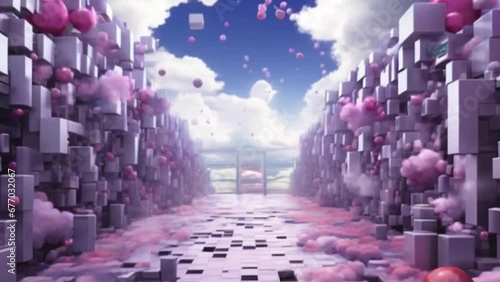 Surreal Sky: Pink Orbs and Geometric Stone Structures in Clear Daylight