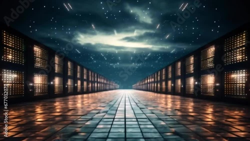 Enchanted Server Room: Cobblestone Floors Under a Starry Night Sky