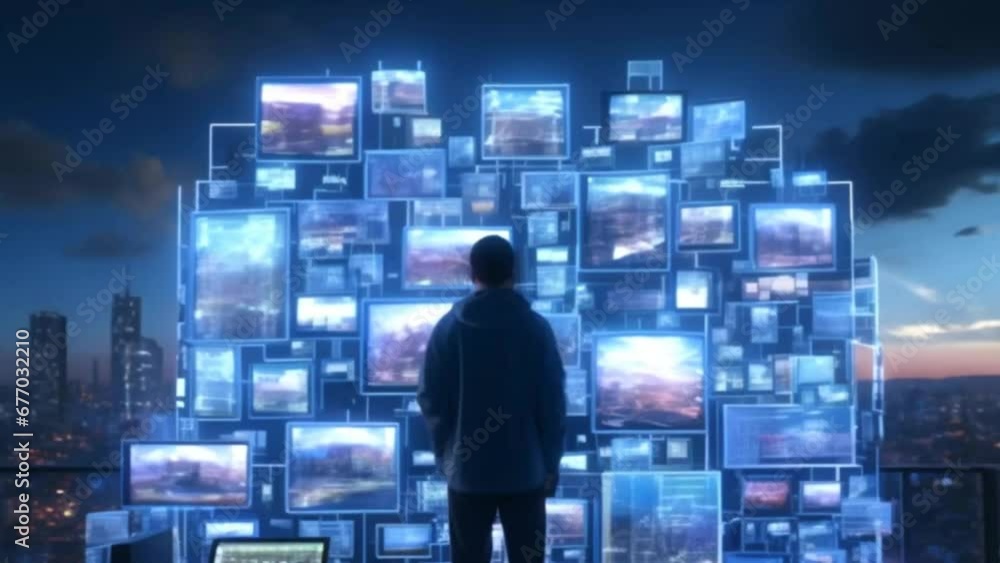 IT Specialist in Hacker Mode: In Front of Multiple Glowing Monitors Displaying Code and Data Set Against the Backdrop of a City IT Specialist in Hacker Mode: In Front of Multiple Glowing Monitors Displaying Code and Data Set Against the Backdrop of a City