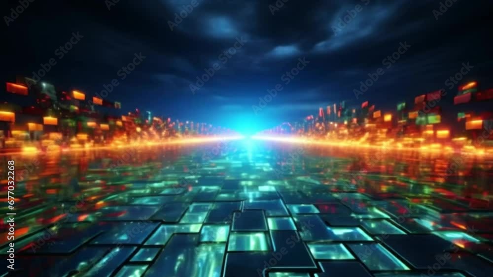 Abstract Cube Realm: Geometric Cyberspace with Mystical Technology and Yellow Glowing Quantum Bits on Blue Tiled Surface Abstract Cube Realm: Geometric Cyberspace with Mystical Technology and Yellow Glowing Quantum Bits on Blue Tiled Surface