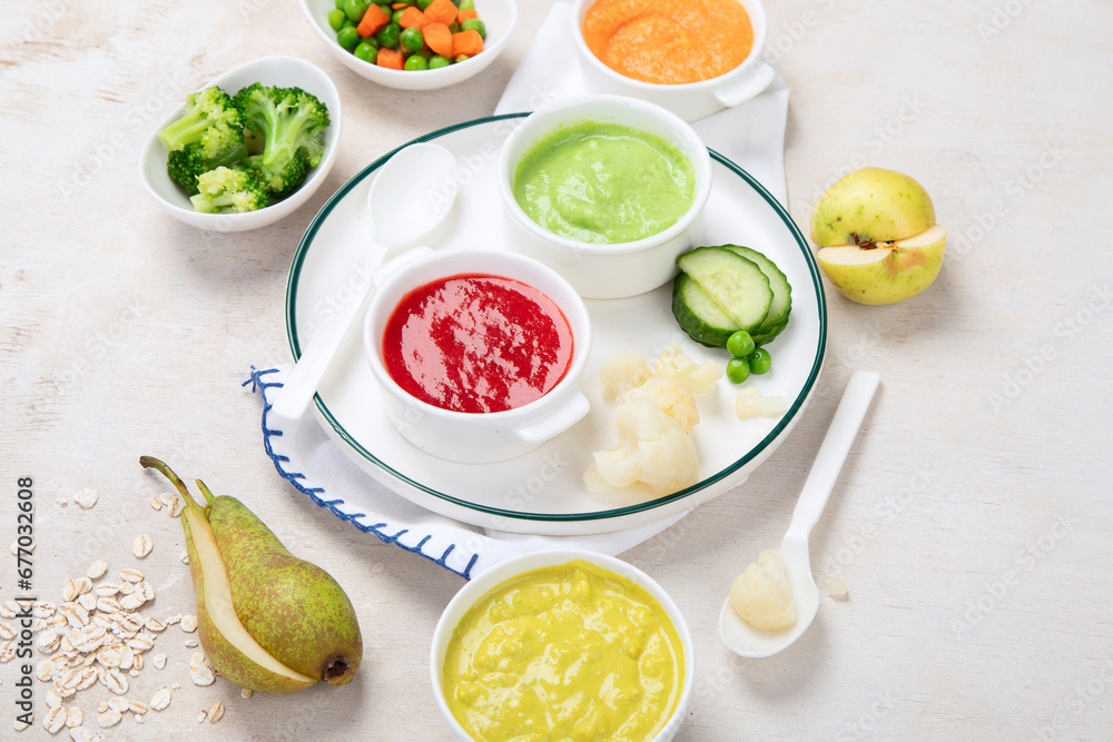 Baby food. Colorful vegetable and fruit puree. Baby food. Colorful vegetable and fruit puree.