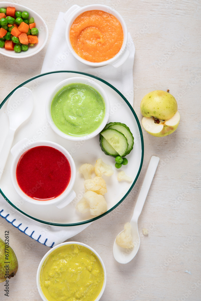 Baby food. Colorful vegetable and fruit puree. Baby food. Colorful vegetable and fruit puree.