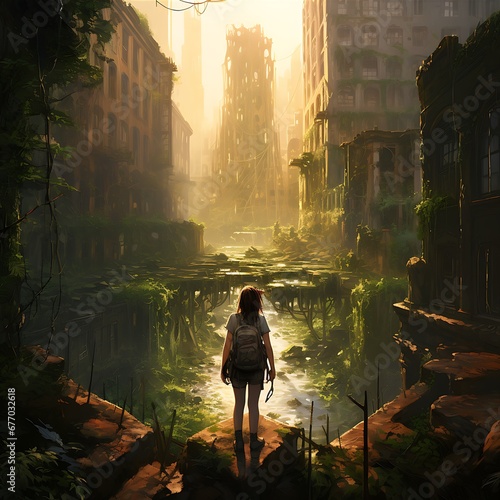 The last remains of us. The post-apocalyptic view of the ruins of a destroyed city. Post apocalyptic abandoned city.