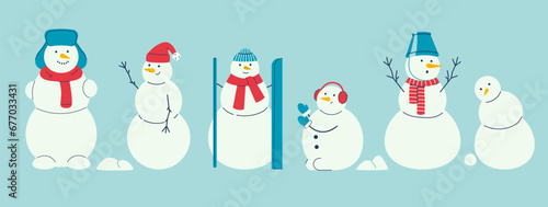 Set of Cute winter snowman in hat, bucket. Happy characters snow ball. Outdoor holiday activity. Vector illustration