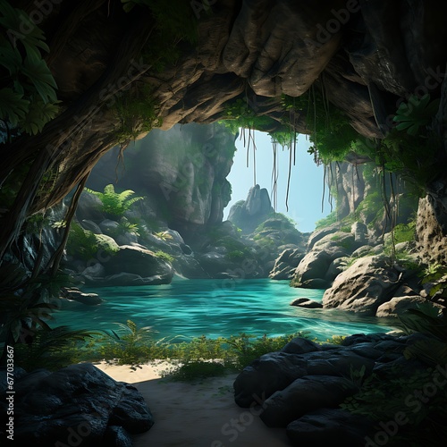 A Pristine Rock Pool Lies Within An Untouched Cave Ecosystem. A scenic view of lush forest, with a hidden cave behind it.