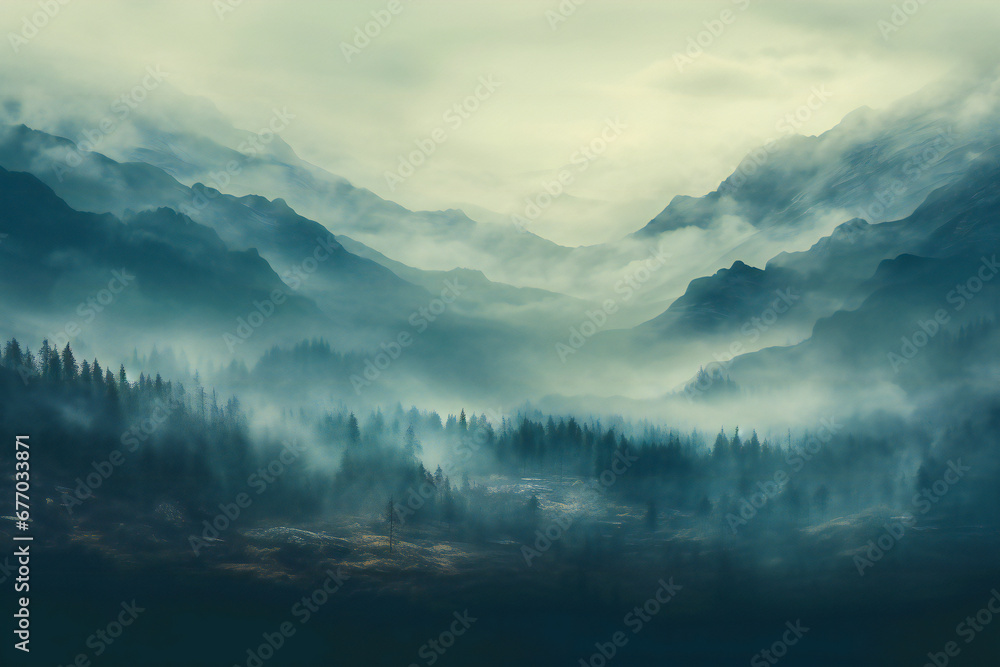 Foggy morning in the forest, mountain landscape