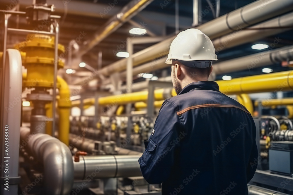 An engineer or technician checking the pipe system in a factory