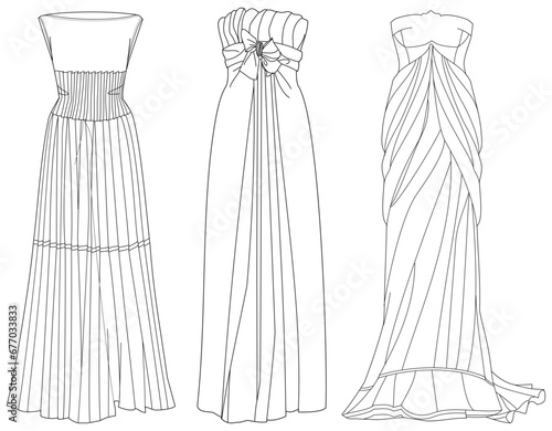 strapless column wedding dress design flat sketch fashion illustration with front and back view, off shoulder pleated trumpet bridal dress flat sketch cad drawing template