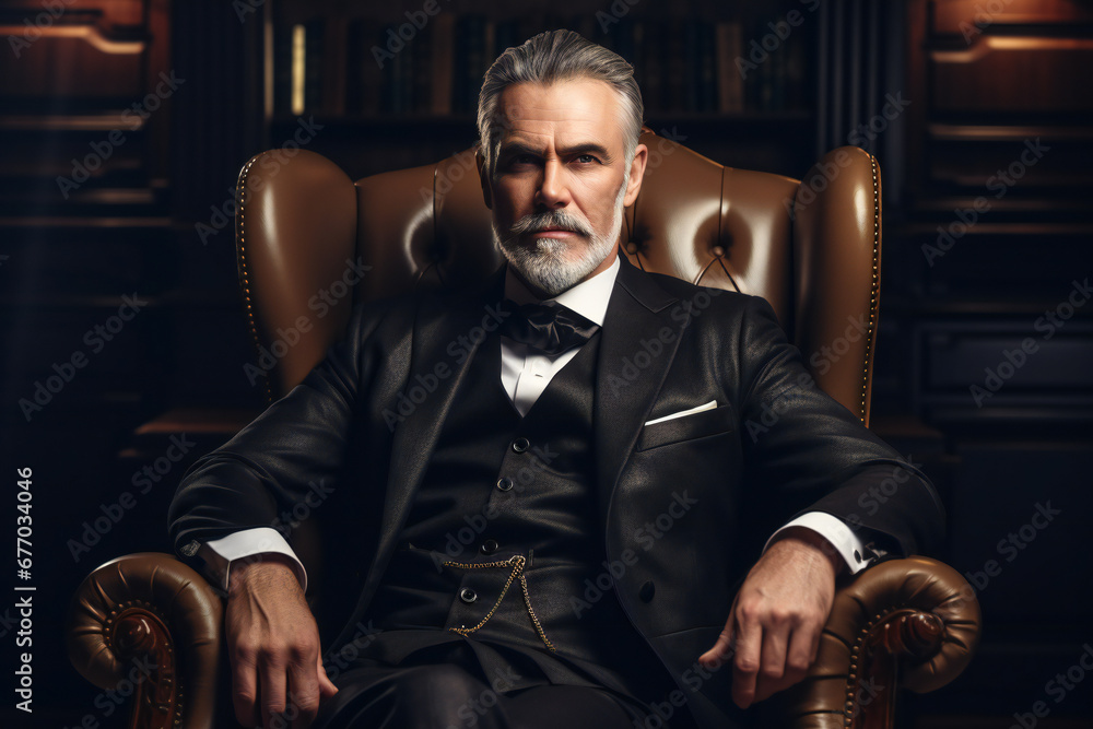 Handsome old gentleman in suit sitting in a leather chair Handsome old gentleman in suit sitting in a leather chair